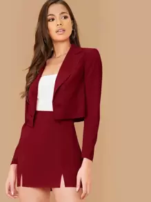 SHEIN Privé Double Breasted Cropped Blazer & M-Slit Skirt Set - Burgundy - View 4