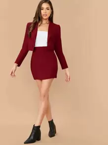 SHEIN Privé Double Breasted Cropped Blazer & M-Slit Skirt Set - Burgundy - View 5