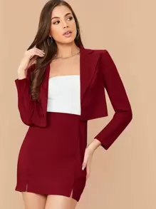 SHEIN Privé Double Breasted Cropped Blazer & M-Slit Skirt Set - Burgundy - View 6