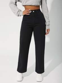 SHEIN PETITE High Waist Straight Leg Jeans - Black - View 1
