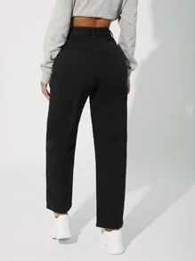 SHEIN PETITE High Waist Straight Leg Jeans - Black - View 2