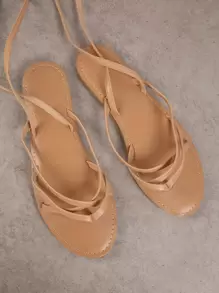 SHUZIA Women Artificial Leather Criss Cross Toe Post Tie Leg Strappy Sandals, Vacation Outdoor Lace Up Flat Sandals - Apricot - View 2