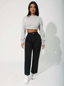 SHEIN PETITE High Waist Straight Leg Jeans - Black - View 5