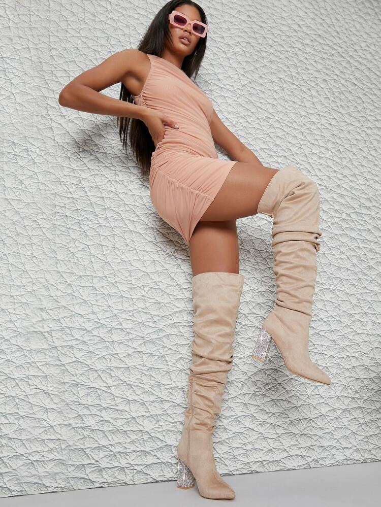 Vegan Suede Embellish Block Heel Scrunch Knee High Booties Mother's Day Present