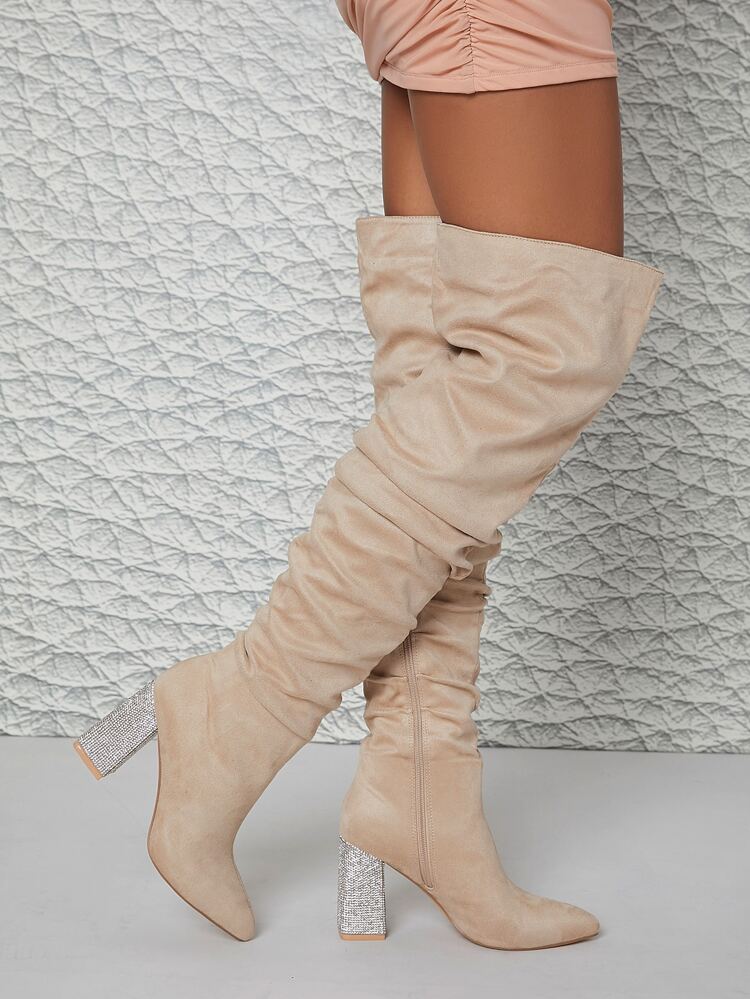 Vegan Suede Embellish Block Heel Scrunch Knee High Booties Mother's Day Present