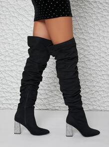 SHUZIA Faux Suede Diamante Heeled Ruched Thigh High Booties Mother's Day Present