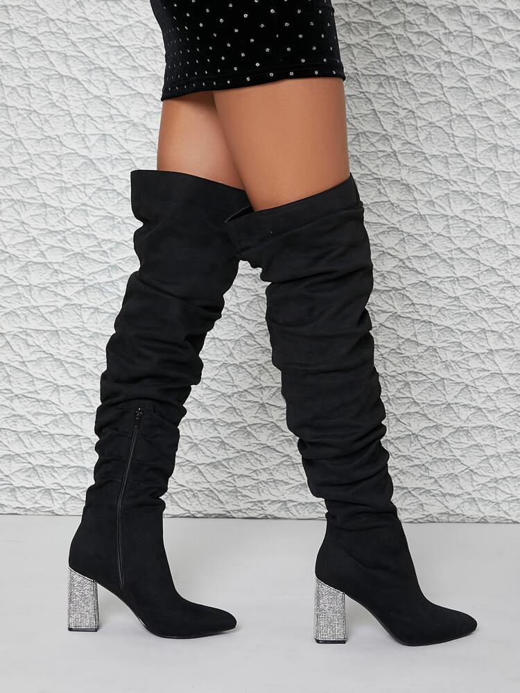 Faux Suede Diamante Heeled Ruched Thigh High Booties Mother's Day Present
