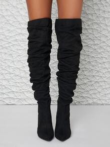 SHUZIA Faux Suede Diamante Heeled Ruched Thigh High Booties Mother's Day Present