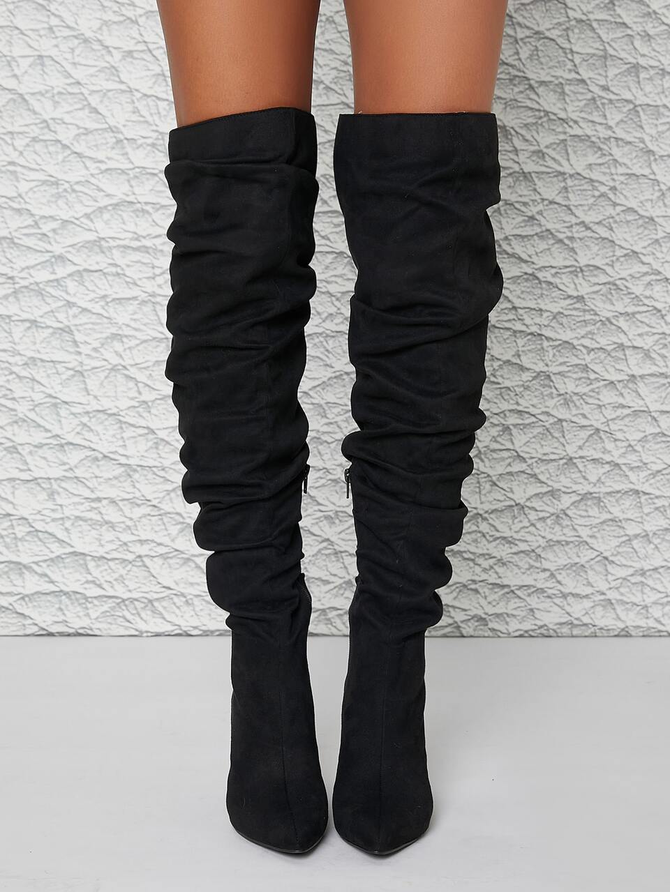Faux Suede Diamante Heeled Ruched Thigh High Booties Mother's Day Present