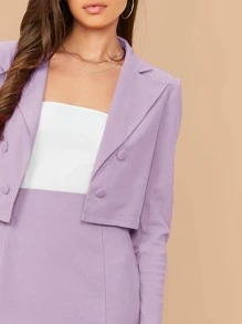 SHEIN Privé Double Breasted Cropped Blazer & M-Slit Skirt Set - Lilac Purple - View 3