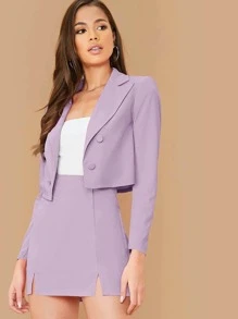 SHEIN Privé Double Breasted Cropped Blazer & M-Slit Skirt Set - Lilac Purple - View 4