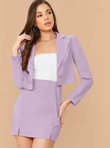 SHEIN Privé Double Breasted Cropped Blazer & M-Slit Skirt Set - Lilac Purple - View 6