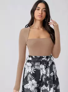 SHEIN Privé Square Neck Fitted Top - Mocha Brown - View 5