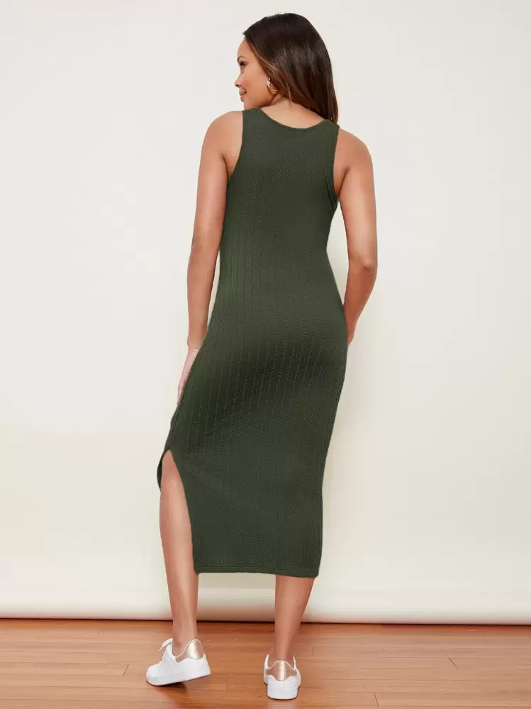 SHEIN فستان التوليد ومحيك الكاب بممزق الجانب - أخضر داكن - مشاهدة 2