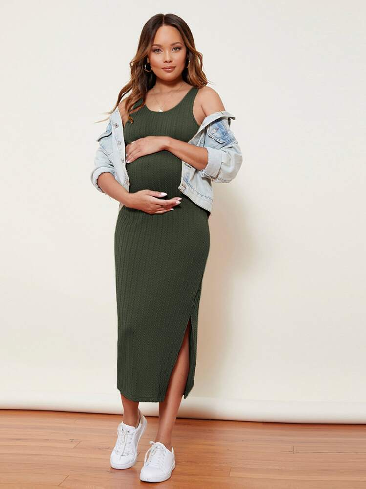 SHEIN فستان التوليد ومحيك الكاب بممزق الجانب - أخضر داكن - مشاهدة 3