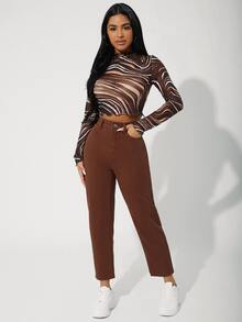 SHEIN PETITE Quần jean nữ Nút Túi Dây kéo màu trơn - Rỉ Nâu - Xem 3