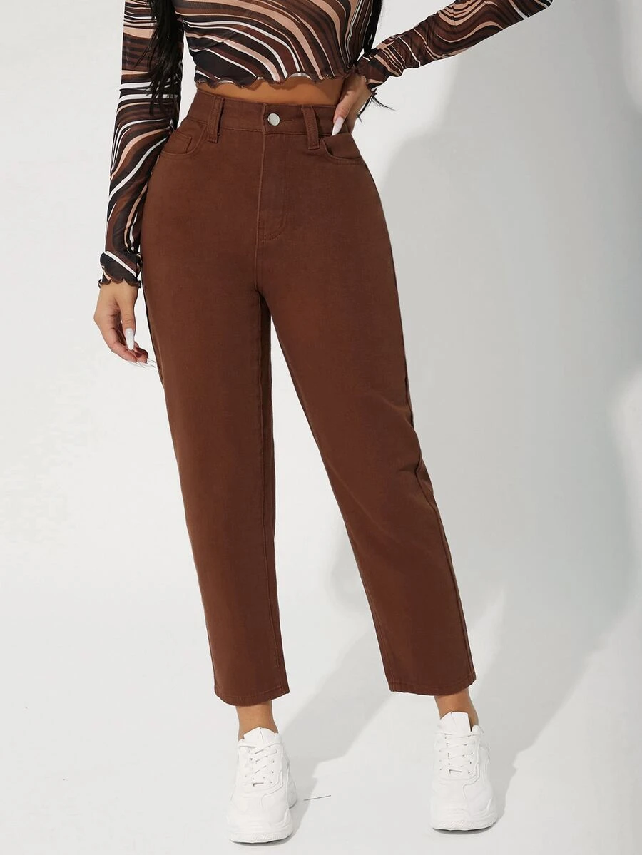 SHEIN PETITE Quần jean nữ Nút Túi Dây kéo màu trơn - Rỉ Nâu - Xem 1