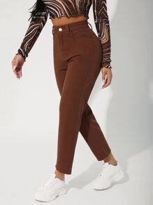 SHEIN PETITE Quần jean nữ Nút Túi Dây kéo màu trơn - Rỉ Nâu - Xem 4