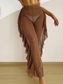 Sheer Mesh Ruffle Trim Cover Up Pants, For Summer Beach Vacation - Brown - View 1