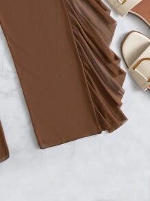Sheer Mesh Ruffle Trim Cover Up Pants, For Summer Beach Vacation - Brown - View 3