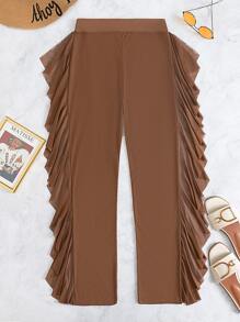 Sheer Mesh Ruffle Trim Cover Up Pants, For Summer Beach Vacation - Brown - View 4