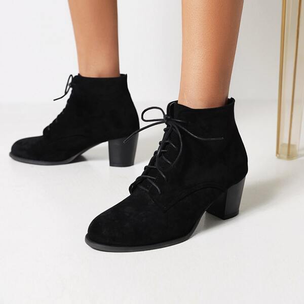 

Suede Lace-up Front Chunky Heeled Combat Boots, Black