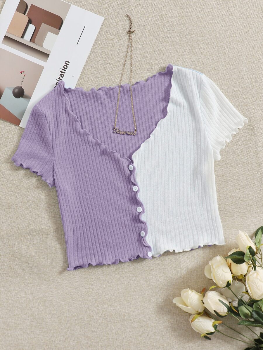 SHEIN Qutie Áo thun nữ Xù nhỏ Gân đan Nút phía trước Khối Màu Giải trí - Nhiều màu - Xem 1