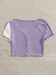 SHEIN Qutie Áo thun nữ Xù nhỏ Gân đan Nút phía trước Khối Màu Giải trí - Nhiều màu - Xem 2