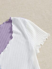 SHEIN Qutie Áo thun nữ Xù nhỏ Gân đan Nút phía trước Khối Màu Giải trí - Nhiều màu - Xem 3