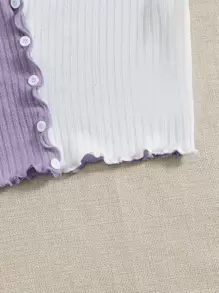 SHEIN Qutie Áo thun nữ Xù nhỏ Gân đan Nút phía trước Khối Màu Giải trí - Nhiều màu - Xem 4