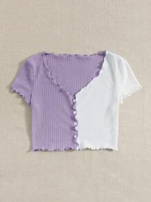 SHEIN Qutie Áo thun nữ Xù nhỏ Gân đan Nút phía trước Khối Màu Giải trí - Nhiều màu - Xem 5