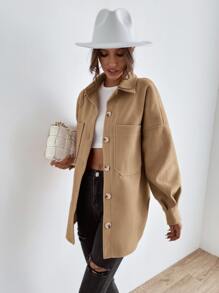 SHEIN LUNE 落肩袖口袋貼布外套 - 駝色 - 查看 5