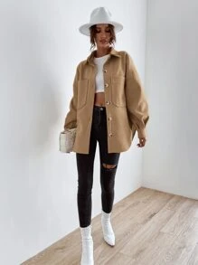 SHEIN LUNE 落肩袖口袋貼布外套 - 駝色 - 查看 7