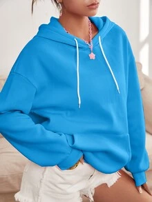 SHEIN Qutie 標語圖案落肩袖抽繩保暖連帽衫 - 藍色 - 查看 2
