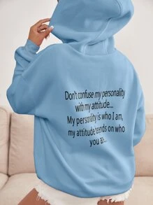 SHEIN Qutie Slogan Graphic Drop Shoulder Drawstring Thermal Hoodie - Baby Blue - View 1