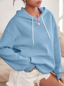 SHEIN Qutie Slogan Graphic Drop Shoulder Drawstring Thermal Hoodie - Baby Blue - View 2