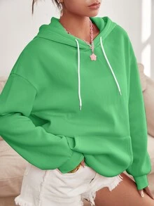 SHEIN Qutie 標語圖案落肩袖抽繩保暖連帽衫 - 綠色 - 查看 2