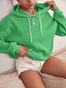 SHEIN Qutie 標語圖案落肩袖抽繩保暖連帽衫 - 綠色 - 查看 4