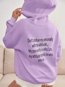 SHEIN EZwear 標語圖案落肩袖抽繩保暖連帽衫 - 紫丁香色 - 查看 1