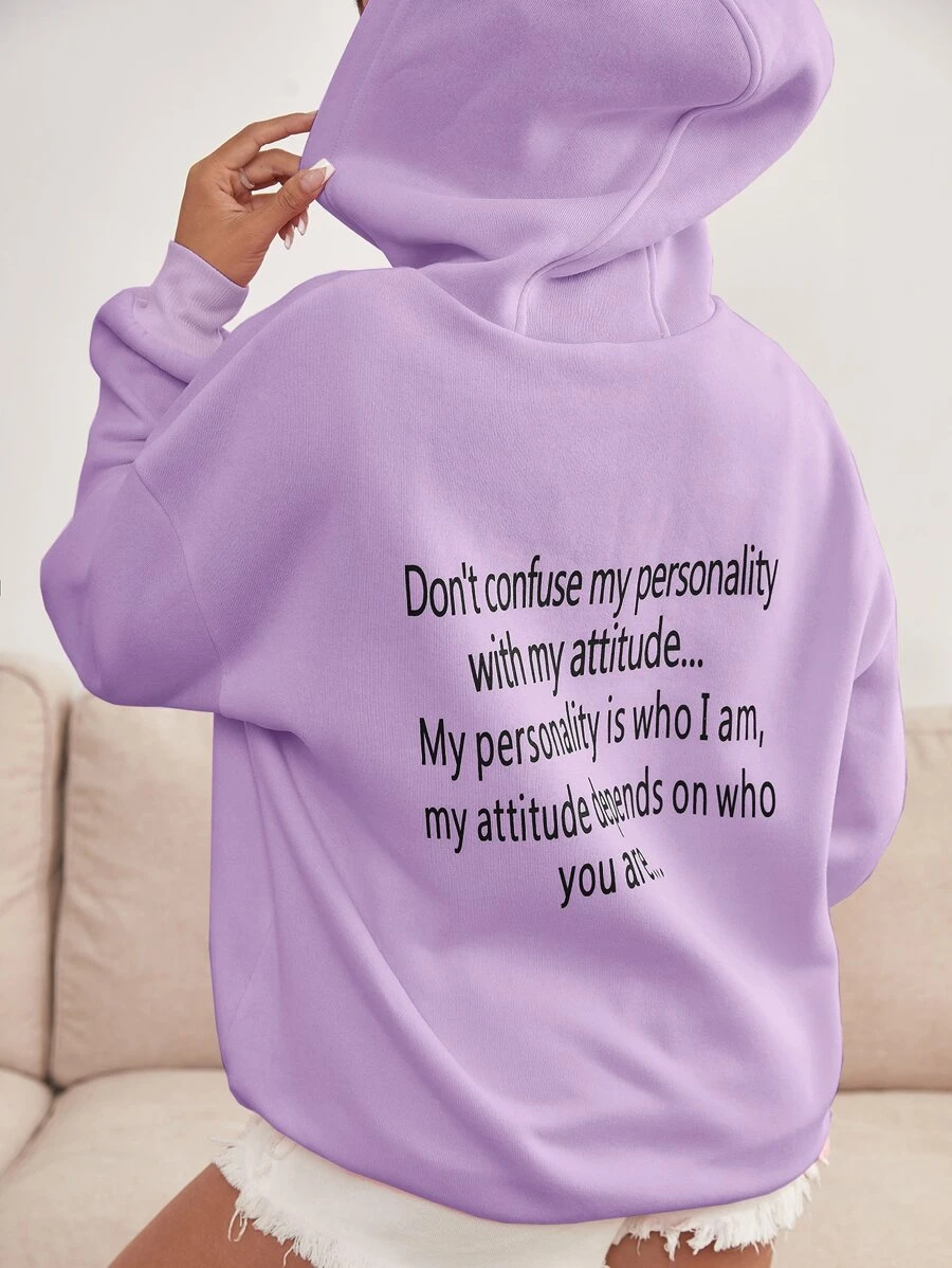 SHEIN EZwear 標語圖案落肩袖抽繩保暖連帽衫 - 紫丁香色 - 查看 1