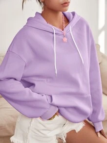 SHEIN EZwear 標語圖案落肩袖抽繩保暖連帽衫 - 紫丁香色 - 查看 2