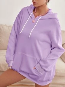 SHEIN EZwear 標語圖案落肩袖抽繩保暖連帽衫 - 紫丁香色 - 查看 3