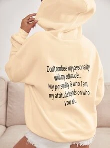 SHEIN Qutie Slogan Graphic Drop Shoulder Drawstring Thermal Hoodie - Beige - View 1