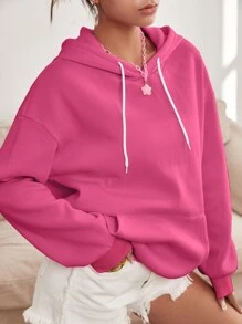 SHEIN EZwear 標語圖案落肩袖抽繩保暖連帽衫 - 玫紅色 - 查看 2