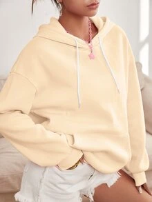 SHEIN Qutie Slogan Graphic Drop Shoulder Drawstring Thermal Hoodie - Beige - View 2