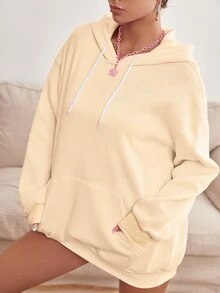 SHEIN Qutie Slogan Graphic Drop Shoulder Drawstring Thermal Hoodie - Beige - View 3