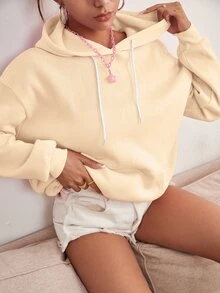 SHEIN Qutie Slogan Graphic Drop Shoulder Drawstring Thermal Hoodie - Beige - View 4