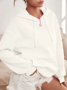 SHEIN EZwear 標語圖案落肩袖抽繩保暖連帽衫 - 白色 - 查看 2