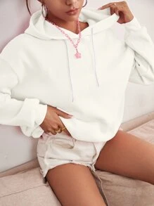 SHEIN EZwear 標語圖案落肩袖抽繩保暖連帽衫 - 白色 - 查看 4