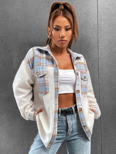 Tartan Print Teddy Panel Drop Shoulder Coat